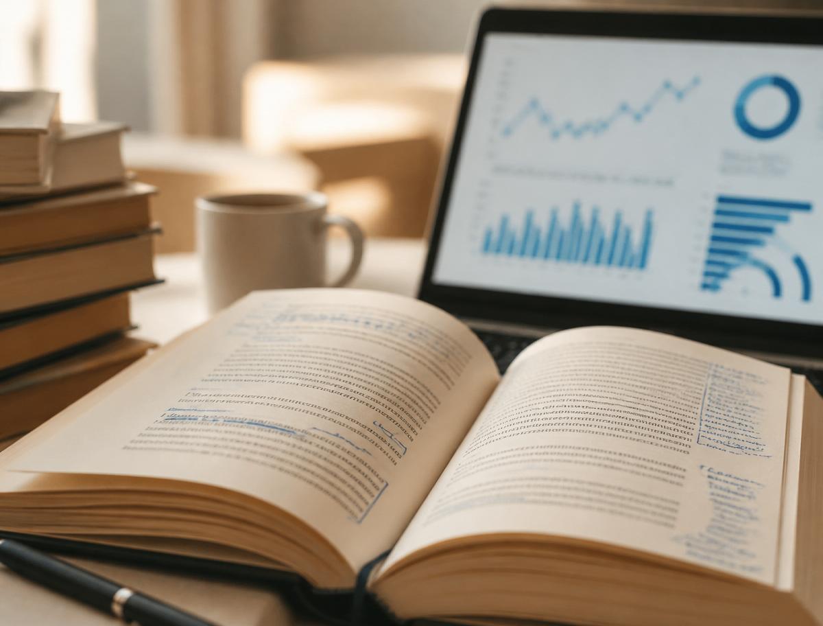 Livro de psicologia aberto ao lado de laptop com visualização de dados