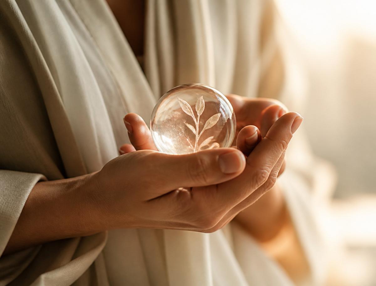Mãos segurando uma esfera de vidro delicada sob luz suave